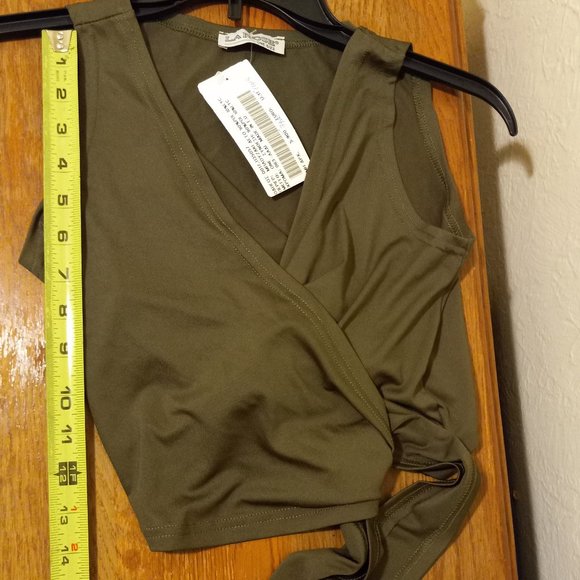 NWT Olive Green Cropped Jersey Wrap Top Y2K 90s One Size - Picture 9 of 12